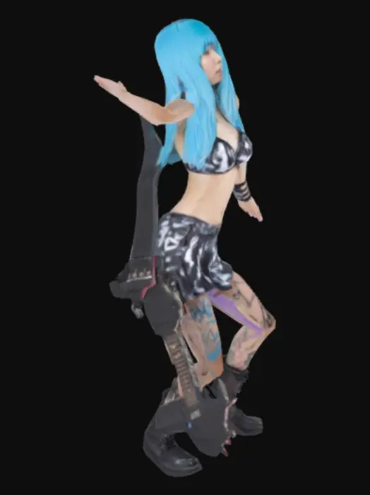 3D model for A very attractive skinny asian girl playing guitar, she is 21. She is a goth chick who wears a black and white spray paint g-string bikini that says “hottie.” She is doing a
 t-pose. And she has light blue hair.