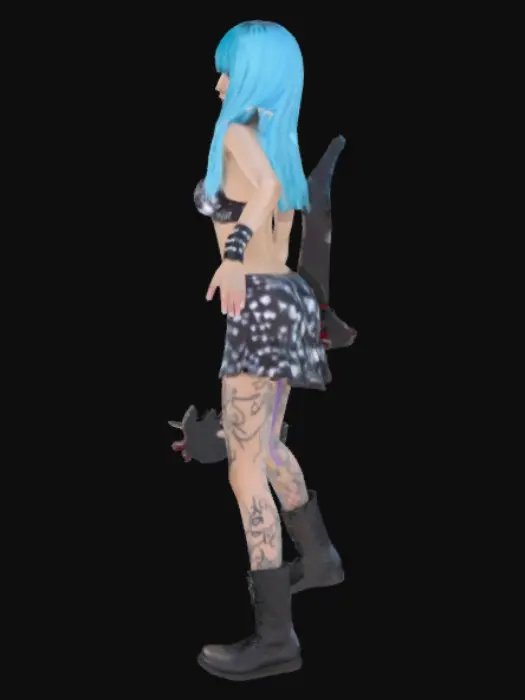 3D model for A very attractive skinny asian girl playing guitar, she is 21. She is a goth chick who wears a black and white spray paint g-string bikini that says “hottie.” She is doing a
 t-pose. And she has light blue hair.