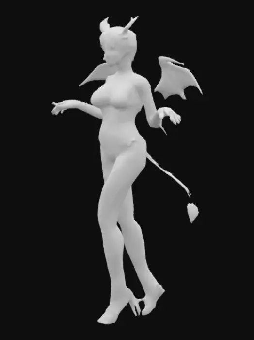 3D model for an attractive skinny-ish woman succubi. she is asian. she has no shoes. her eyeliner goes of to the side of her head, and she has a very attractive face.  she has shorter hair. she uses her arms to walk. she is a thong modal
