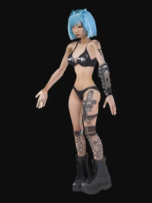 3D model for A very attractive skinny asian girl playing guitar, she is 21. She is a goth chick who wears a black and white spray paint g-string bikini that says “hottie.” She is doing a
 t-pose. And she has light blue hair.