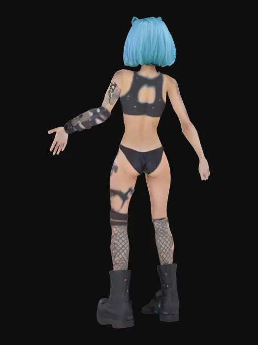 3D model for A very attractive skinny asian girl playing guitar, she is 21. She is a goth chick who wears a black and white spray paint g-string bikini that says “hottie.” She is doing a
 t-pose. And she has light blue hair.