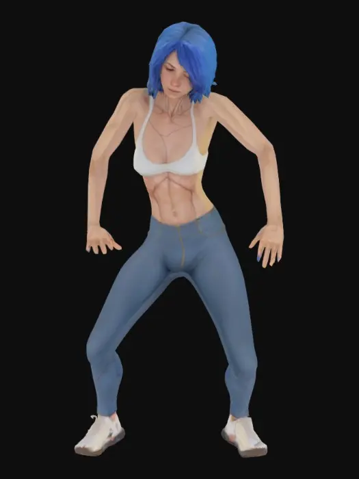 3D model for she is t-posing. There’s an artistry to the way her limbs stretch outward, as if mapping the space around her. The lines of her body are smooth and uninterrupted. her frame, highlighting the natural flow of muscle and skin, the kind of detail an artist might linger over when sketching anatomy.
Her expression is neutral.
The atmosphere around her is charged with an unspoken energy, not from any explicit action but from the sheer presence she commands. The pose itself is neutral, but the way she occupies space makes it impossible to look away. It’s a masterclass, skinny asian 21 year old woman, with blue hair.