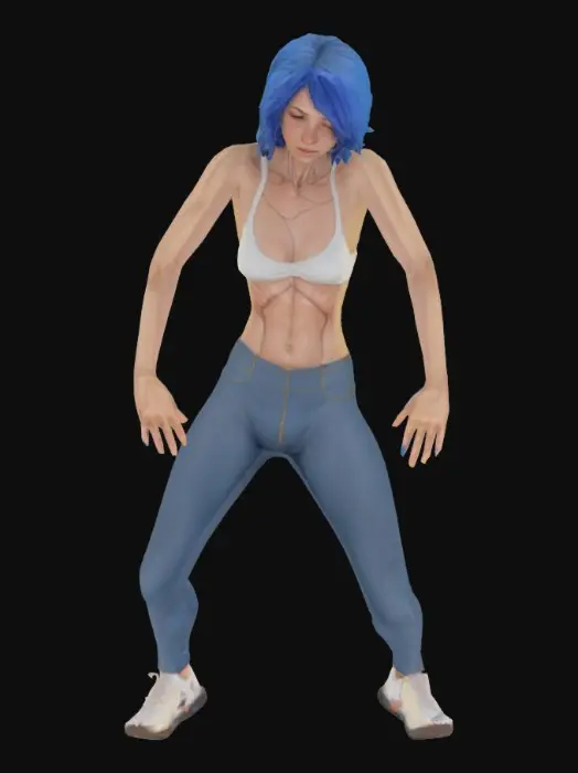 3D model for she is t-posing. There’s an artistry to the way her limbs stretch outward, as if mapping the space around her. The lines of her body are smooth and uninterrupted. her frame, highlighting the natural flow of muscle and skin, the kind of detail an artist might linger over when sketching anatomy.
Her expression is neutral.
The atmosphere around her is charged with an unspoken energy, not from any explicit action but from the sheer presence she commands. The pose itself is neutral, but the way she occupies space makes it impossible to look away. It’s a masterclass, skinny asian 21 year old woman, with blue hair.