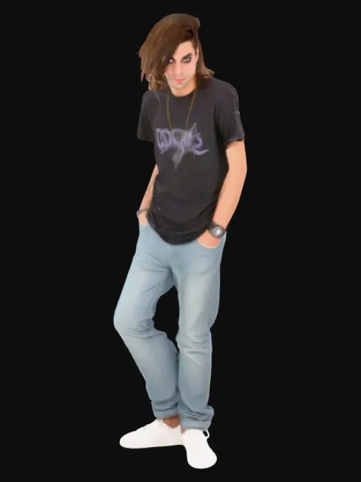3D model for (Turn these things into physical attributes) Lazy but mentally Helpful, caring, supportive, dark humor, blown eyes, long hair, straight male, likes making comedy skits, addicted to porn, dances, exercises, backtracks, listens to pop rock, has friends he doesn’t like, likes going in, skinny, runs, emo hiphop style, has a sweet tooth for sour things, photographer, doesn’t know how to swim, sings, made a song, has lots of online friends, draws, likes horror movies and comedies, jobless, goes fishing, in 10th grade, skates but knows zero tricks, eats exotic foods, has a bit of a teen squeaky voice, conflicted between 3 different girls for a girl friend, mild past trauma, atheist, broke arm from falling off a chair looking at a bird, never went to prom, yoga, listens very well. 