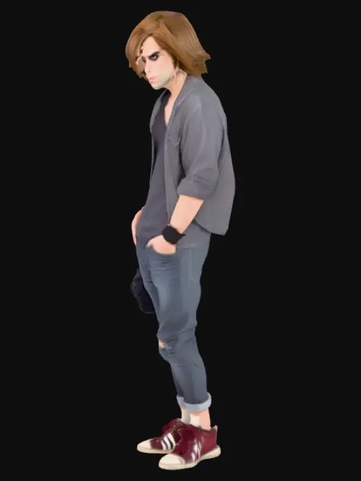 3D model for {Turn these things into physical attributes, in a Hazbin Hotal fashion} Lazy but mentally Helpful, caring, supportive, dark humor, blown eyes, long hair, straight male, likes making comedy skits, addicted to porn, dances, exercises, backtracks, listens to pop rock, has friends he doesn’t like, likes going in, skinny, runs, emo hiphop style, has a sweet tooth for sour things, photographer, doesn’t know how to swim, sings, made a song, has lots of online friends, draws, likes horror movies and comedies, jobless, goes fishing, in 10th grade, skates but knows zero tricks, eats exotic foods, has a bit of a teen squeaky voice, mild past trauma, atheist, broke arm from falling off a chair looking at a bird, never went to prom, yoga, listens very well. 