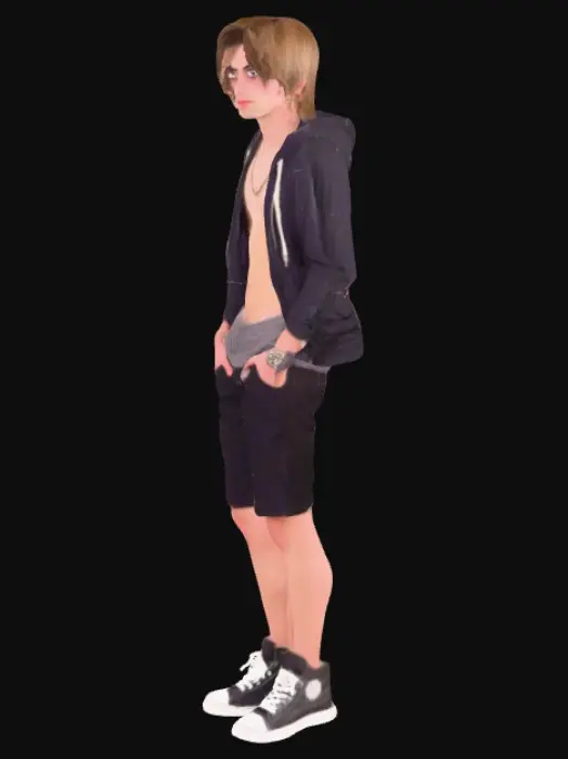 3D model for {Turn these things into physical attributes, in a Hazbin Hotal fashion} Lazy but mentally Helpful, caring, supportive, dark humor, blown eyes, long hair, straight male, likes making comedy skits, addicted to porn, dances, exercises, backtracks, listens to pop rock, has friends he doesn’t like, likes going in, skinny, runs, emo hiphop style, has a sweet tooth for sour things, photographer, doesn’t know how to swim, sings, made a song, has lots of online friends, draws, likes horror movies and comedies, jobless, goes fishing, in 10th grade, skates but knows zero tricks, eats exotic foods, has a bit of a teen squeaky voice, mild past trauma, atheist, broke arm from falling off a chair looking at a bird, never went to prom, yoga, listens very well. 