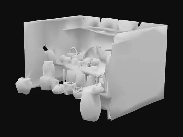 3D model for Create a model of a Kenyan home kitchen, one that matches kenyan aesthetics and can be used in a virtual world with 3d models of food in it. The model should be of an appropriate size for players to walk in .