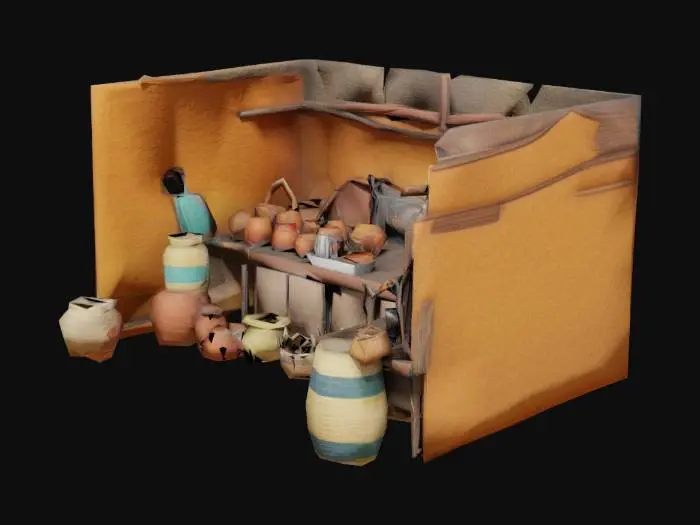 3D model for Create a model of a Kenyan home kitchen, one that matches kenyan aesthetics and can be used in a virtual world with 3d models of food in it. The model should be of an appropriate size for players to walk in .