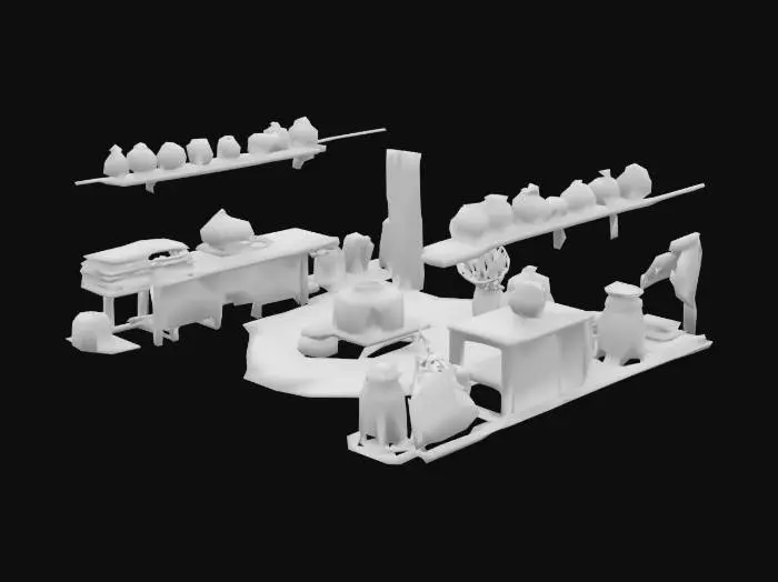 3D model for Kenyan traditional kitchen, inside a kenyan manyatta. size should be appropriate for multiple players to enter and experience, and have an opening on one side to enter. should be a complete model with a ceiling, floor and walls, and furniture, decorations, etc. as well as empty spaces to place 3d models of other foods