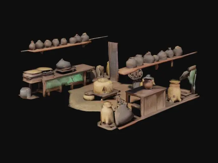 3D model for Kenyan traditional kitchen, inside a kenyan manyatta. size should be appropriate for multiple players to enter and experience, and have an opening on one side to enter. should be a complete model with a ceiling, floor and walls, and furniture, decorations, etc. as well as empty spaces to place 3d models of other foods
