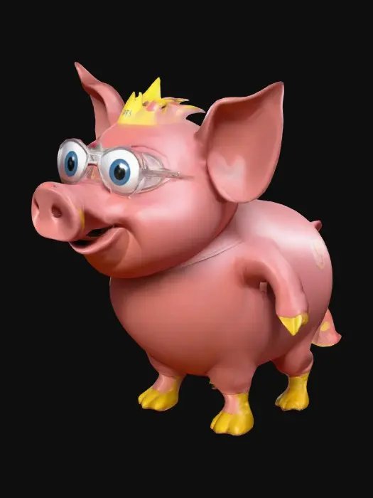 3D model for maak een varken met een spoiler op zijn  rug en de voeten van een eend op de zijkant van zijn linker kant van het varken staat het nummer 95 en een bliksem net zoals lightning mequeen