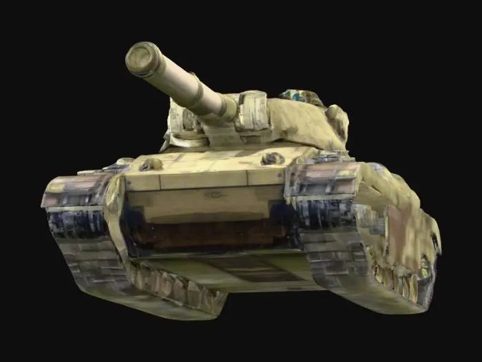 3D model for A VERY technologically advanced battle tank. it has gears visible on top, and sharp circuit themed lines throughout.  Its barrel has a massive brake on it, and the turret is at an angle to the body of the tank.