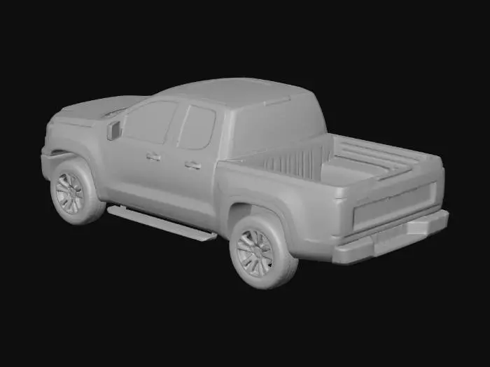 3D model for A modern blue pickup truck in a desert. It has a metallic pixel theme of shades of blue and gray, and is on a base of sand.
