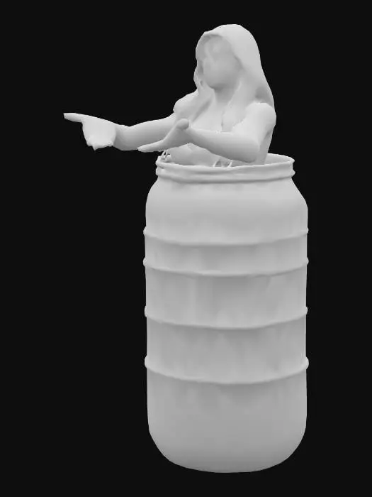 3D model for Woman standing inside a plastic barrel that covers her hips and legs