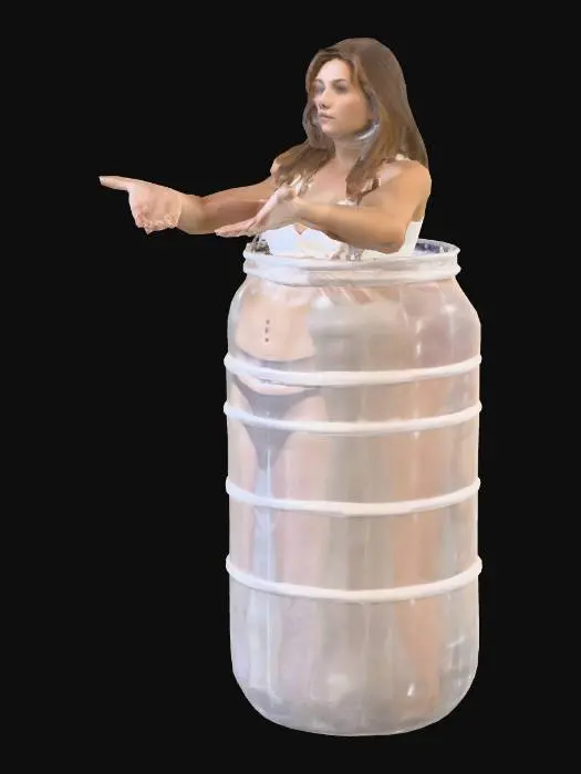 3D model for Woman standing inside a plastic barrel that covers her hips and legs