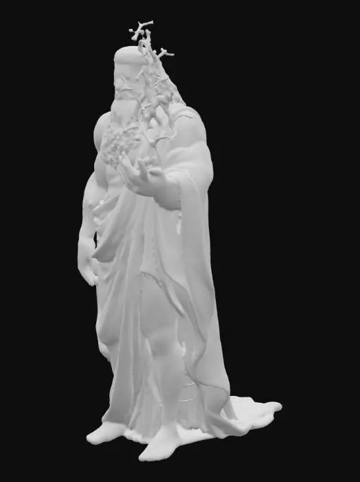 3D model for A powerful depiction of Zeus, a muscular, aged figure with a flowing, textured beard and a stern, commanding expression. His body, sculpted from classical white marble, showcases finely rendered musculature and is draped in sweeping, heavy robes that fall in elegant folds. In his raised hand, he firmly grips a jagged, ethereal lightning bolt, glowing intensely with a vibrant electric blue energy, appearing ready to strike with divine force.