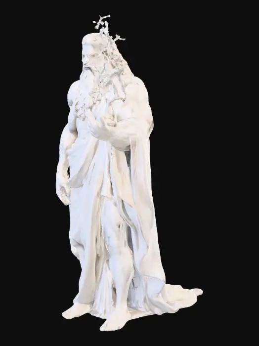 3D model for A powerful depiction of Zeus, a muscular, aged figure with a flowing, textured beard and a stern, commanding expression. His body, sculpted from classical white marble, showcases finely rendered musculature and is draped in sweeping, heavy robes that fall in elegant folds. In his raised hand, he firmly grips a jagged, ethereal lightning bolt, glowing intensely with a vibrant electric blue energy, appearing ready to strike with divine force.
