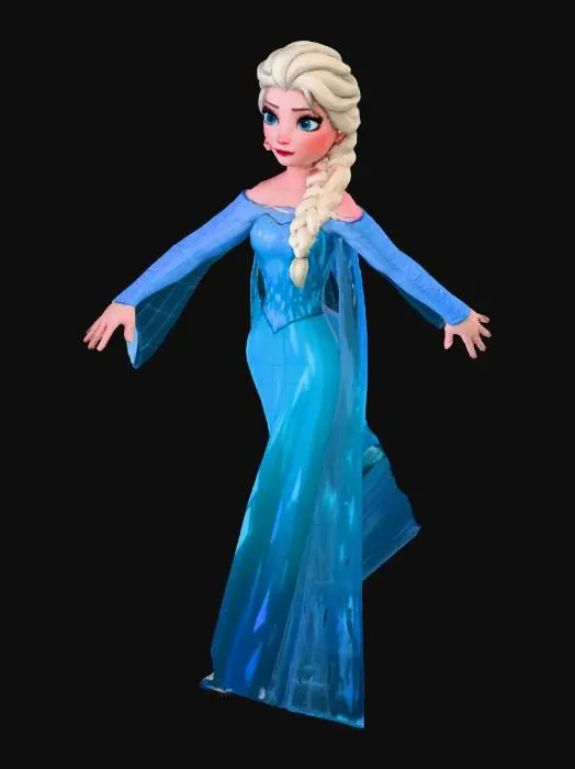 3D model for Create a stylized 3D character inspired by Elsa from Frozen in A-pose, suitable for animation.
Features: white-blonde hair, blue icy dress, elegant and magical appearance.
Clean topology, game-ready mesh, symmetrical body, neutral pose.
No ice effects in the hands, simple and riggable humanoid model.