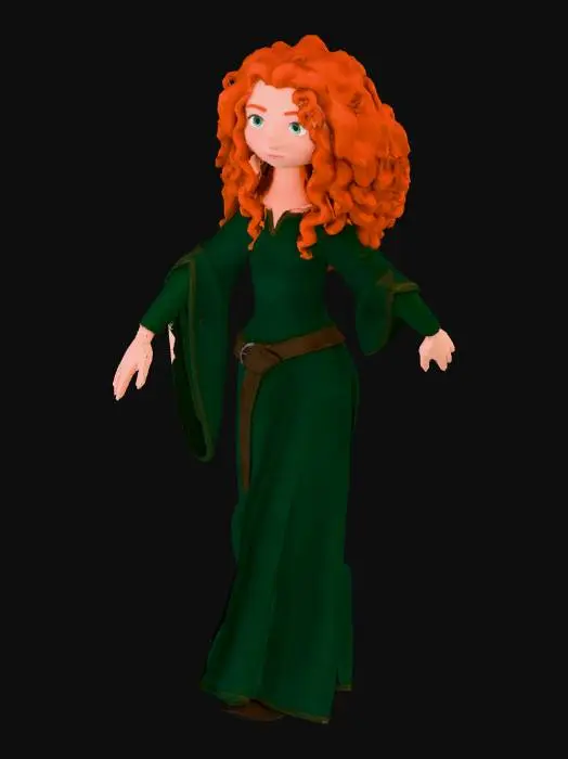 3D model for Create a stylized 3D character of Merida from Brave in A-pose, suitable for game animation.
Features: red curly hair, green adventure dress, confident archer look.
Clean topology, game-ready mesh, symmetrical body, detailed face.
Neutral expression, no bow, no accessories in hand.
Output as a high-quality riggable humanoid model.