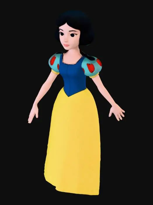 3D model for Create a stylized 3D character inspired by Snow White in A-pose.
Features: short black hair, pale skin, yellow-blue-red dress.
Game-ready mesh with clean topology, symmetrical humanoid proportions.
Neutral face, no apple in hand, riggable body.