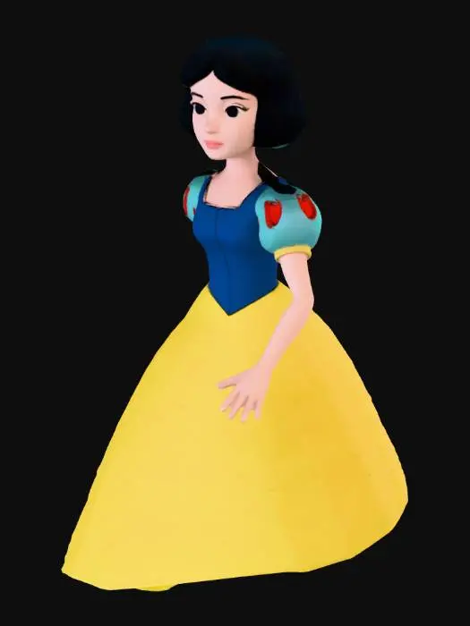 3D model for Create a stylized 3D character inspired by Snow White in A-pose.
Features: short black hair, pale skin, yellow-blue-red dress.
Game-ready mesh with clean topology, symmetrical humanoid proportions.
Neutral face, no apple in hand, riggable body.