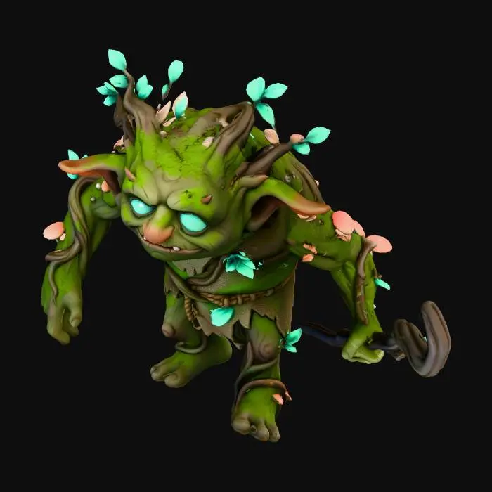 3D model for A stylized fairytale-themed dark forest creature enemy, inspired by corrupted woodland spirits. Short, hunched magical creature with glowing turquoise eyes, twisted roots and leaves on its body, mossy skin, mischievous but menacing. Smooth textures, no sketch lines, no grid patterns. Fairy-tale aesthetic, soft Disney/Pixar shading. Full-body, neutral pose, game-ready.