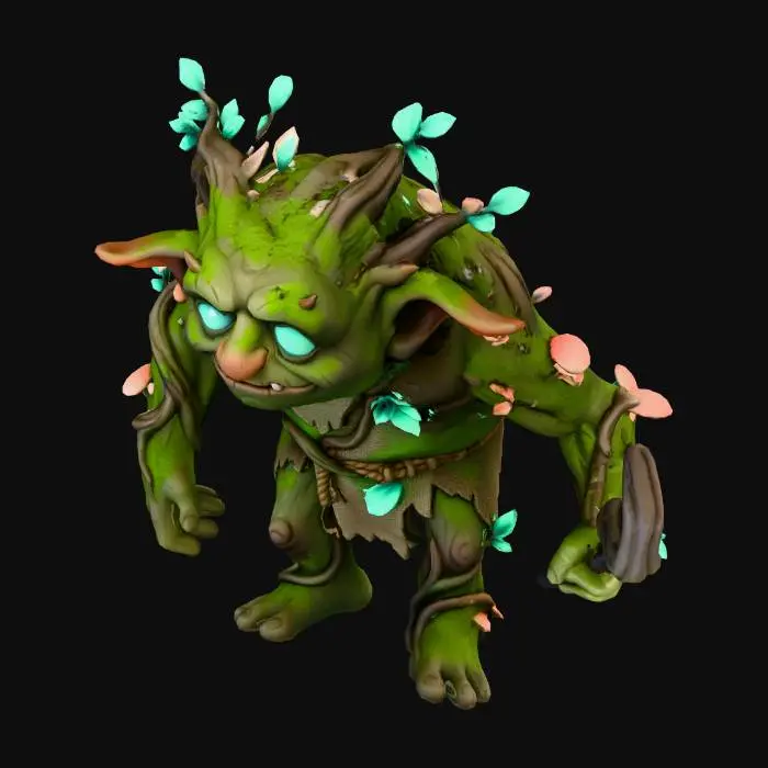 3D model for A stylized fairytale-themed dark forest creature enemy, inspired by corrupted woodland spirits. Short, hunched magical creature with glowing turquoise eyes, twisted roots and leaves on its body, mossy skin, mischievous but menacing. Smooth textures, no sketch lines, no grid patterns. Fairy-tale aesthetic, soft Disney/Pixar shading. Full-body, neutral pose, game-ready.