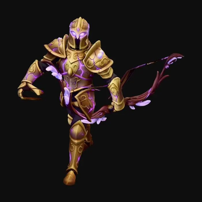 3D model for A stylized enchanted royal guard corrupted by dark magic, fairytale aesthetic. Elegant but damaged golden armor, glowing purple cracks, empty glowing eyes, wielding a magical bow. Smooth textures, clean materials, no outlines or noise. Soft fairy-tale stylized shading. Full-body, neutral pose for game use.