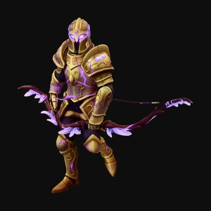 3D model for A stylized enchanted royal guard corrupted by dark magic, fairytale aesthetic. Elegant but damaged golden armor, glowing purple cracks, empty glowing eyes, wielding a magical bow. Smooth textures, clean materials, no outlines or noise. Soft fairy-tale stylized shading. Full-body, neutral pose for game use.