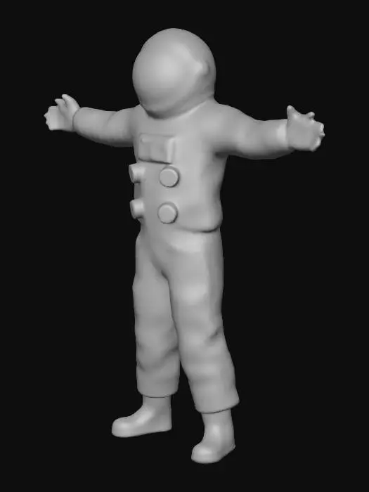 3D model for An abandoned colony astronaut. His spacesuit is a mix of old fabric and sandblasted aluminum, with large clumps of dirt and scorch marks on the surface. The helmet visor is covered with opaque cracks and mud. Requirement: Photorealistic, focus on the texture of fabric folds, the aging of the metal, and meticulous detail on damage and dirt accumulation, in  T-Pose