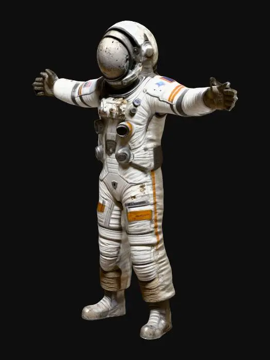 3D model for An abandoned colony astronaut. His spacesuit is a mix of old fabric and sandblasted aluminum, with large clumps of dirt and scorch marks on the surface. The helmet visor is covered with opaque cracks and mud. Requirement: Photorealistic, focus on the texture of fabric folds, the aging of the metal, and meticulous detail on damage and dirt accumulation, in  T-Pose