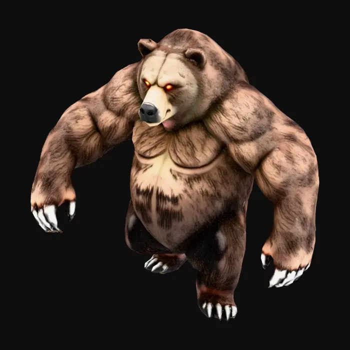 3D model for A colossal, grizzled bear with matted, dark brown fur showing numerous battle scars. Its massive, muscular body suggests immense power, with broad shoulders and thick limbs ending in razor-sharp claws. A menacing snarl distorts its face, revealing formidable fangs, and its eyes glow with an eerie, predatory yellow intensity. make sure that while walking the model doesn't get weird