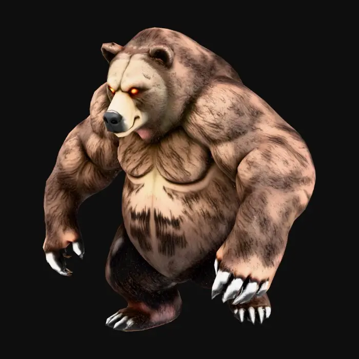 3D model for A colossal, grizzled bear with matted, dark brown fur showing numerous battle scars. Its massive, muscular body suggests immense power, with broad shoulders and thick limbs ending in razor-sharp claws. A menacing snarl distorts its face, revealing formidable fangs, and its eyes glow with an eerie, predatory yellow intensity. make sure that while walking the model doesn't get weird