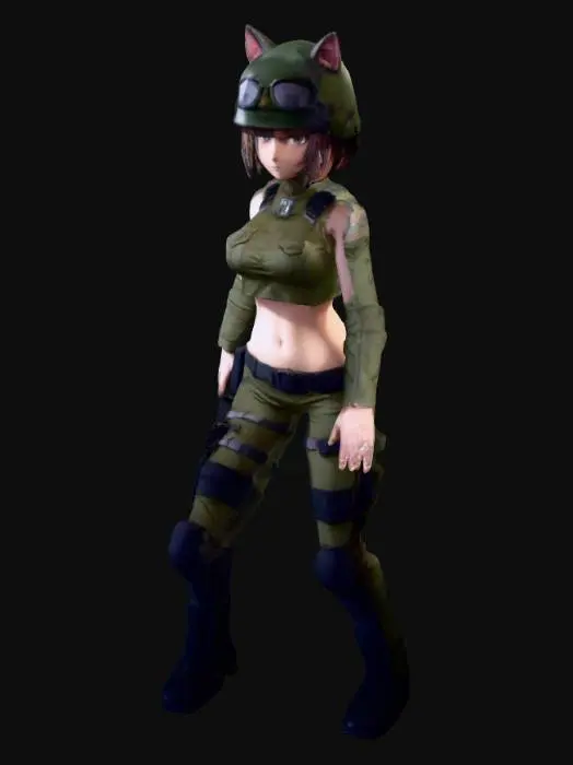 3D model for thin anime girl, t pose, military gear, midriff, cat ears