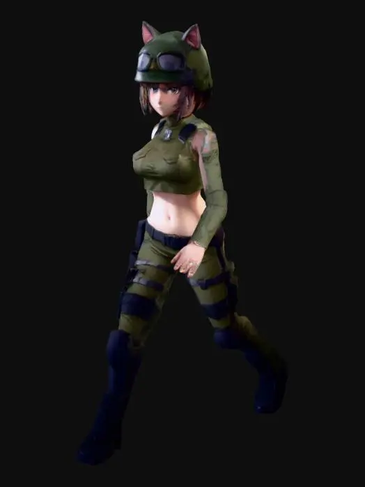 3D model for thin anime girl, t pose, military gear, midriff, cat ears