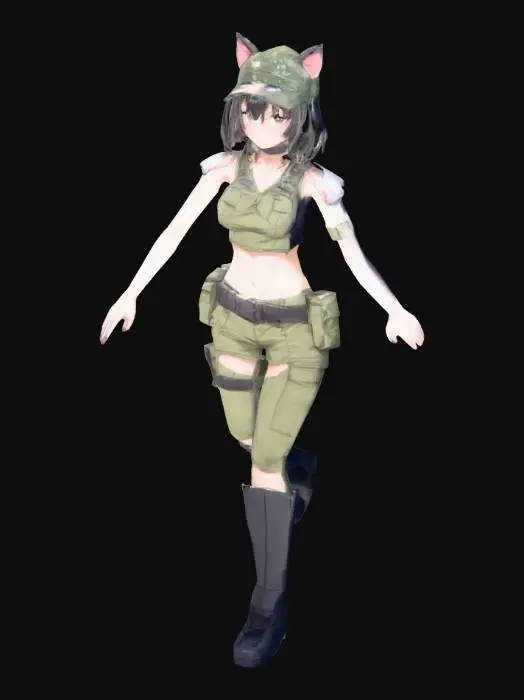 3D model for thin anime girl, t pose, military gear, midriff, cat ears