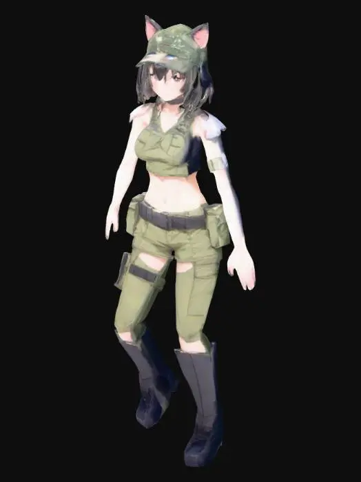 3D model for thin anime girl, t pose, military gear, midriff, cat ears