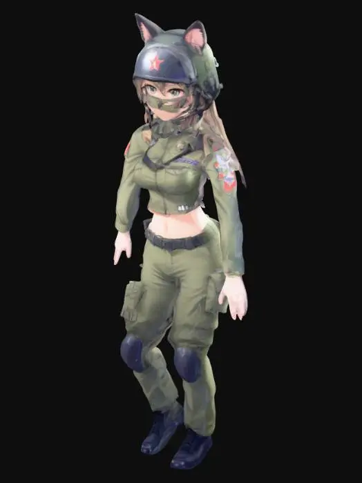 3D model for thin anime girl, t pose, military gear, midriff, cat ears
