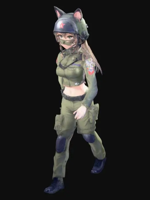3D model for thin anime girl, t pose, military gear, midriff, cat ears