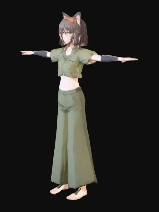 3D model for thin anime girl, t pose, jungle outfit, midriff, cat ears