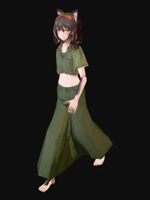 3D model for thin anime girl, t pose, jungle outfit, midriff, cat ears