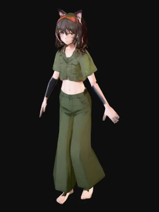 3D model for thin anime girl, t pose, jungle outfit, midriff, cat ears