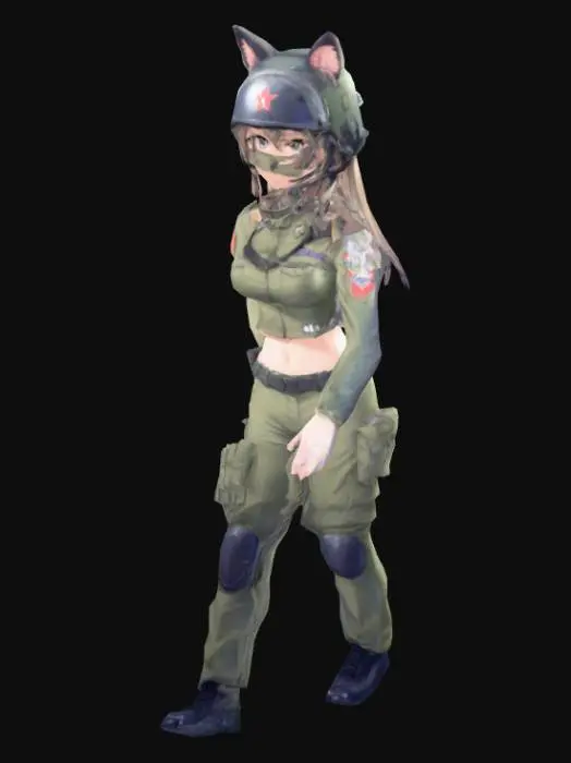 3D model for thin anime girl, t pose, military gear, midriff, cat ears