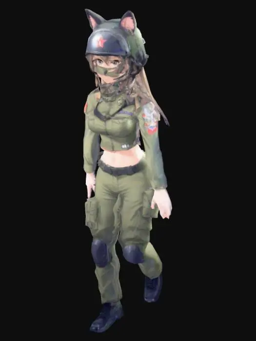 3D model for thin anime girl, t pose, military gear, midriff, cat ears