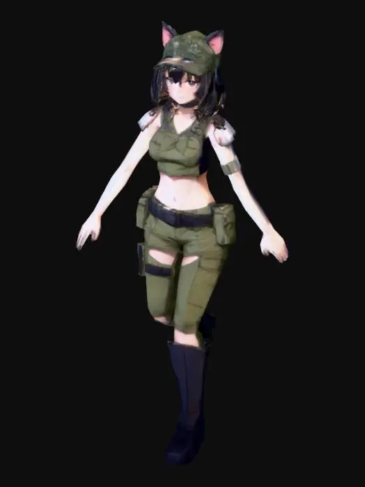 3D model for thin anime girl, t pose, military gear, midriff, cat ears