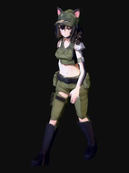 3D model for thin anime girl, t pose, military gear, midriff, cat ears