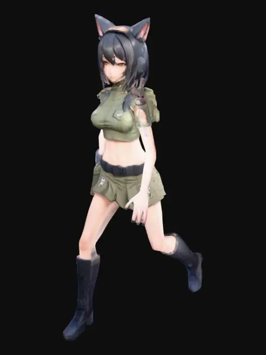 3D model for skinny anime girl, t pose, military gear, midriff, cat ears