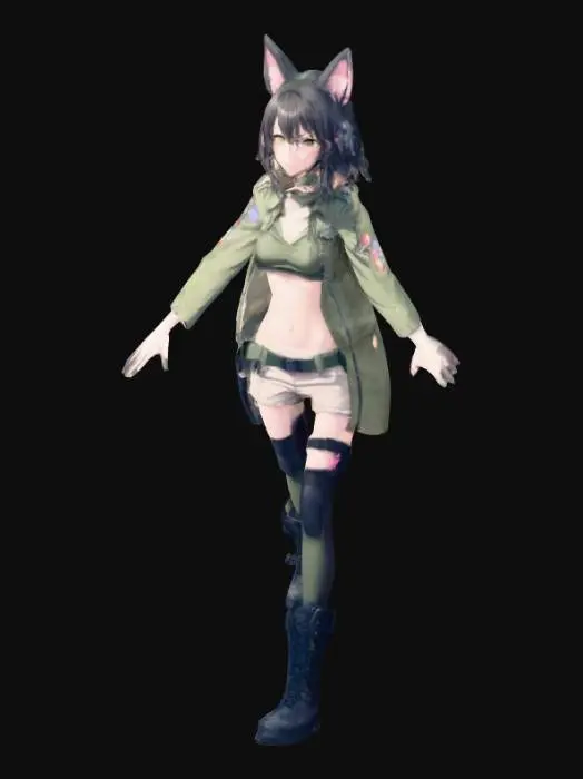 3D model for skinny anime girl, t pose, military gear, midriff, cat ears