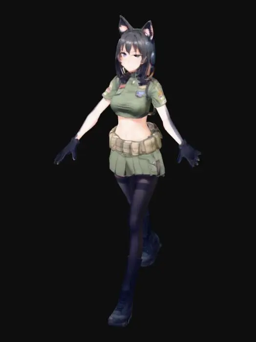 3D model for thin anime girl, t pose, military gear, midriff, cat ears