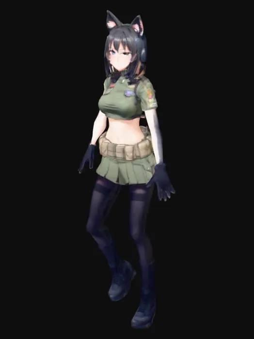 3D model for thin anime girl, t pose, military gear, midriff, cat ears